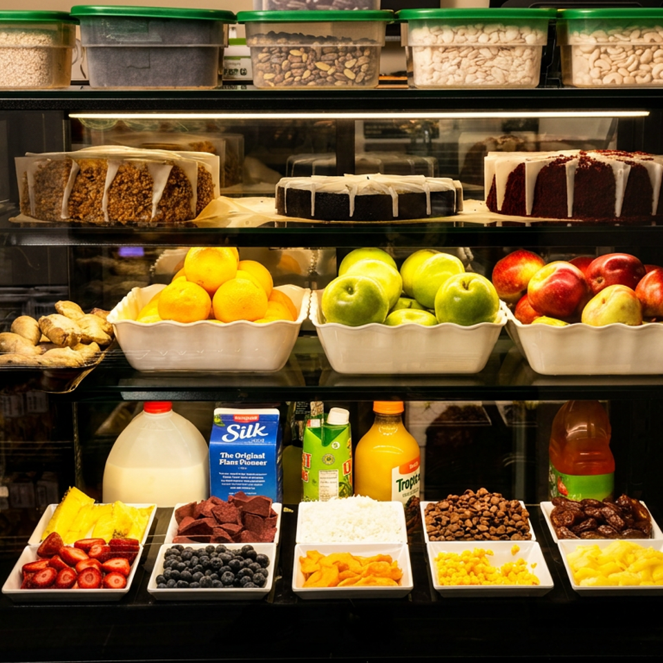 A refrigerated display case filled with cakes, fresh fruit, pastries, nuts, and various toppings.