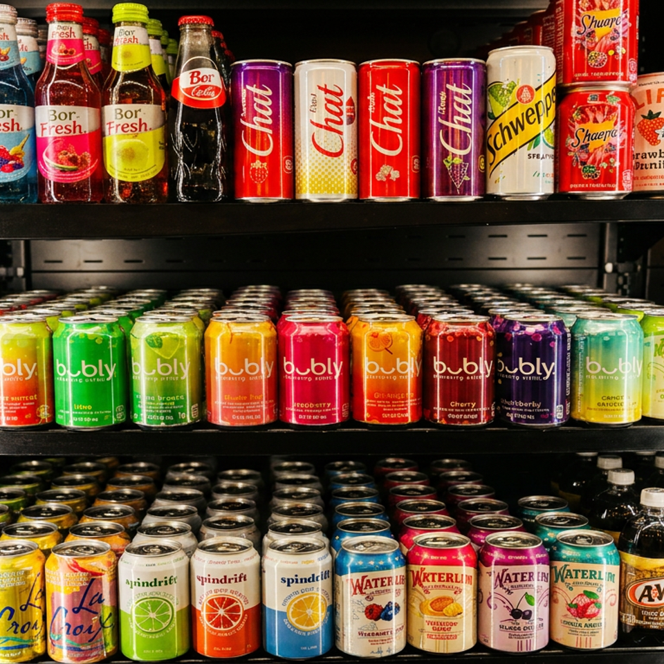 A refrigerated display case filled with various colorful soda bottles and cans.
