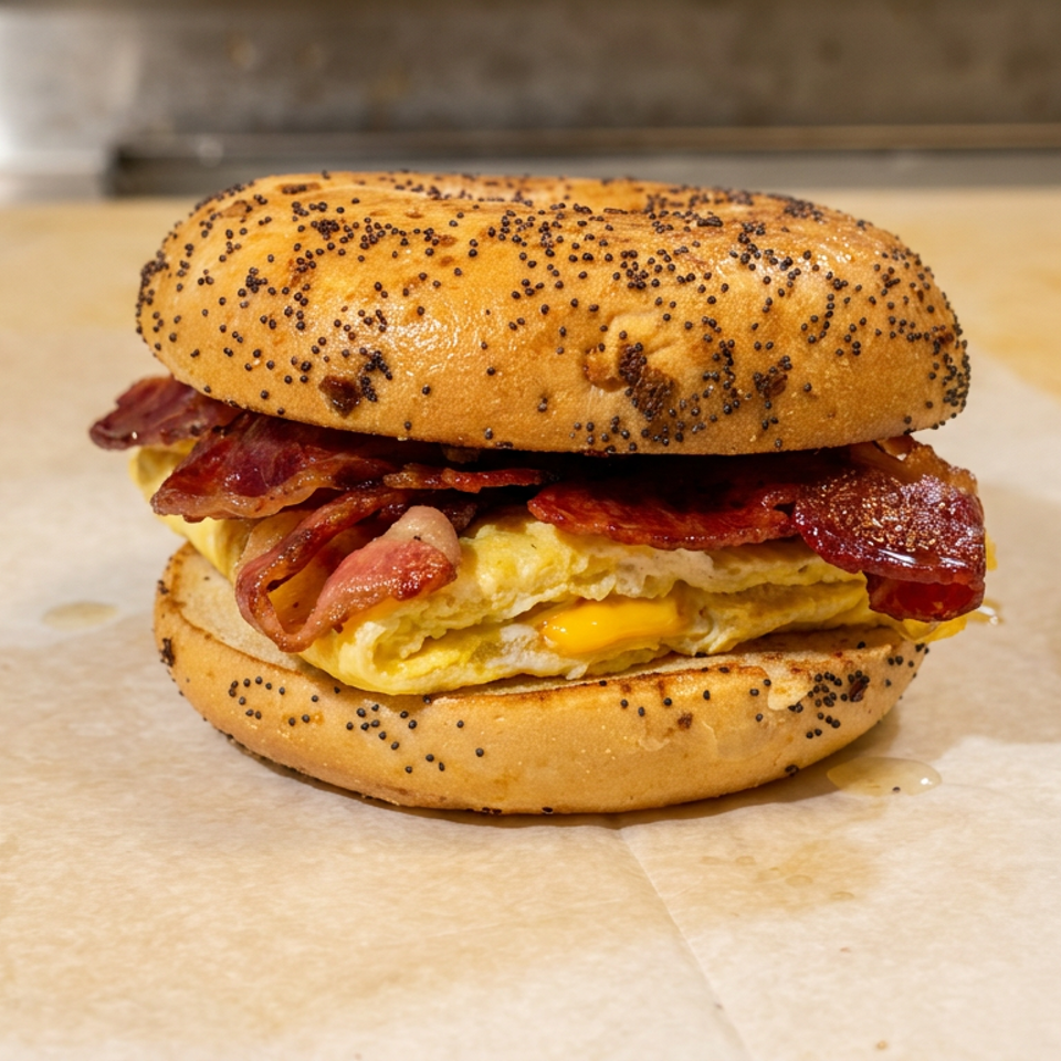 Poppy seed bagel with bacon, scrambled eggs, and melted cheese on parchment paper.