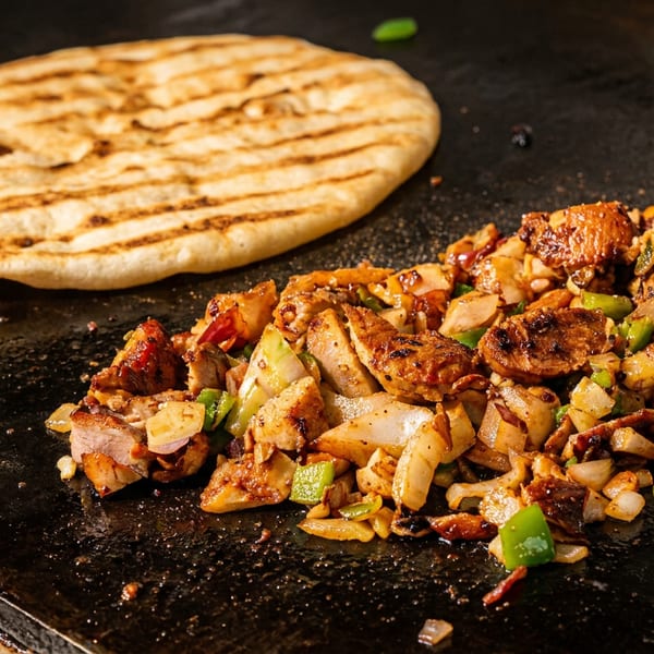 Grilled flatbread and seasoned chicken with peppers and onions cooking on a griddle.