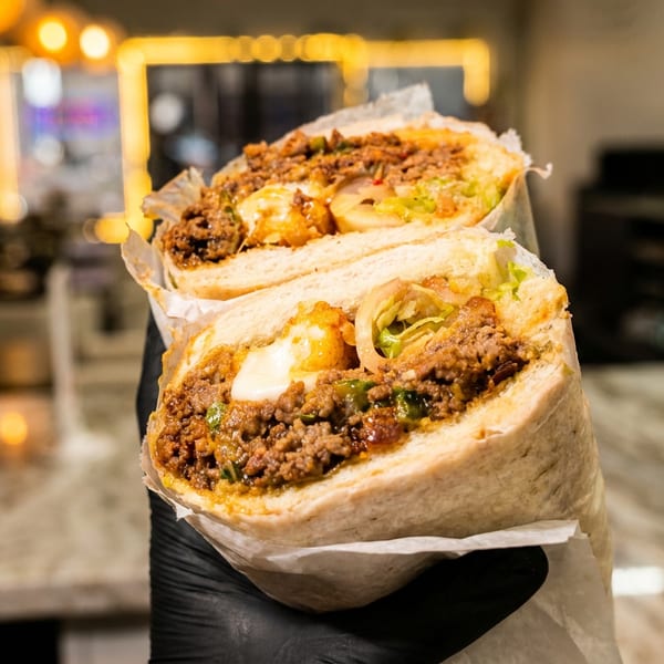 A large, halved sub sandwich filled with ground meat, cheese, and vegetables, held by a gloved hand.
