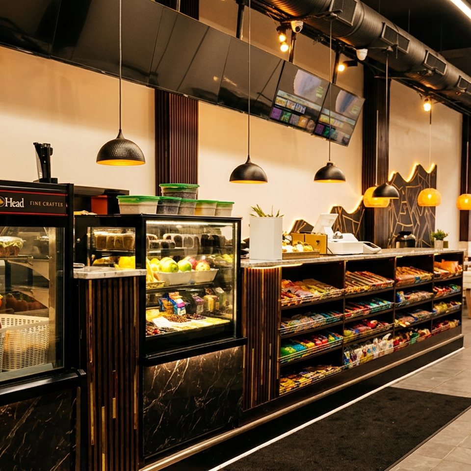 Interior of a modern deli with display cases of fresh food, snacks, and seating.