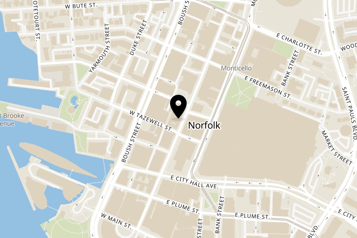 Map showing the location of Delicious Deli & Grill on 257 Granby St in Norfolk